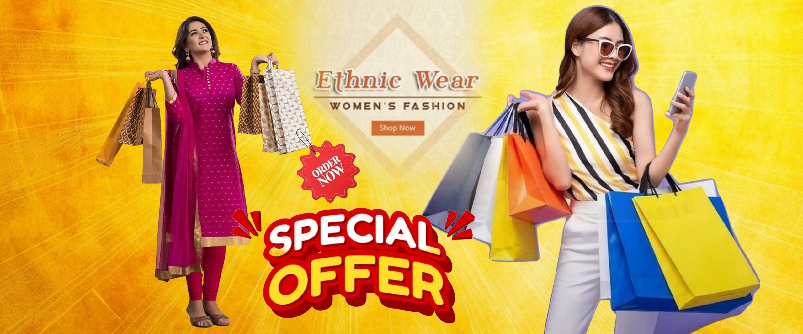 Two women shopping with bags on a yellow background with 'Ethnic Wear' and 'Special Offer' text.
